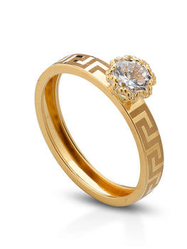 anello in oro giallo, solitario con disegno greca sul gambo
