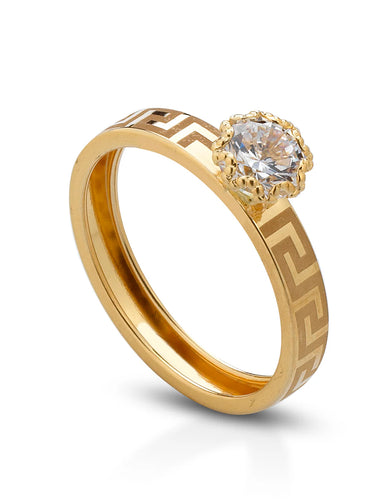 anello in oro giallo, solitario con disegno greca sul gambo