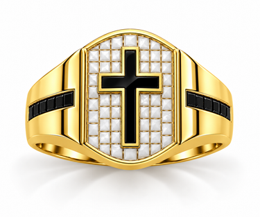 Anello Uomo Chevalier con Croce Nera in Oro Giallo 18kt e Pietre Bianche