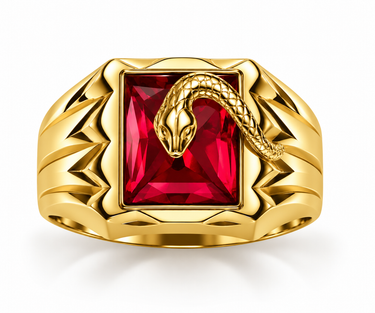 Anello Uomo Chevalier Serpente in Oro Giallo 18kt Con Pietra Rossa