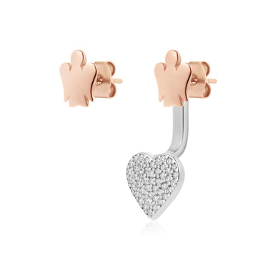 Orecchini con cuore pavé e angelo in argento rosato GIA441