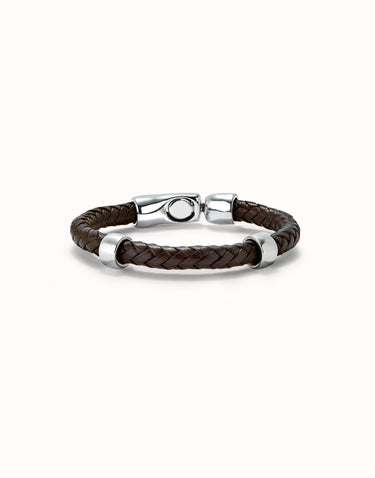 Bracciale Cuoio Intrecciato Con 2 Circonferenze Placcate Argento Sterling PUL2459MARMTL0L