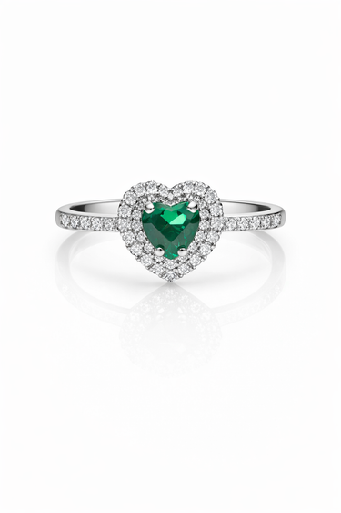 Anello a Cuore in Oro Bianco 18Kt con Smeraldo Sintetico – Elegante e Romantico