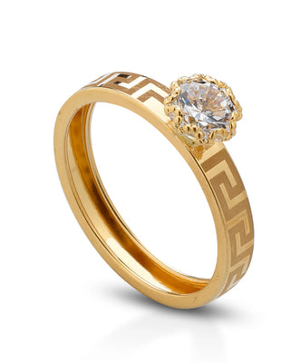 anello in oro giallo, solitario con disegno greca sul gambo