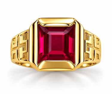 Anello Uomo Chevalier in Oro Giallo 18kt con Pietra Rossa e Greca