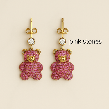 🧸 Orecchini Teddy in Acciaio Inox con Pietre Rosa