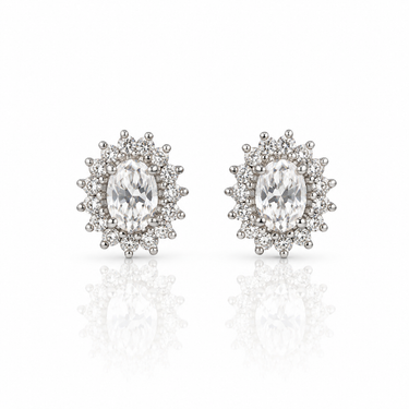 Orecchini a Lobo Ovali con Zirconi in Oro Bianco 18kt