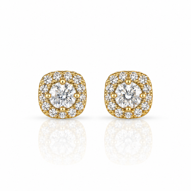 Orecchini a Lobo Halo Quadrato in Oro Giallo 18 kt con Zirconi