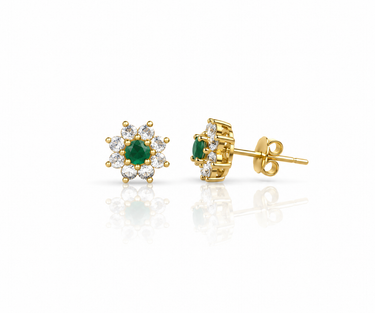 Orecchini a Lobo Fiore con Smeraldo Sintetico in Oro Giallo 18 Kt