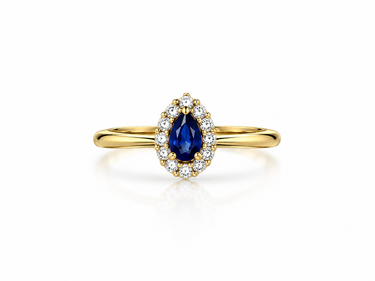 Anello con Zaffiro Sintetico a Goccia e Zirconi in Oro Giallo 18Kt