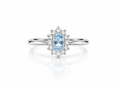 Anello con Acquamarina Sintetica Ovale e Zirconi in Oro Bianco 18Kt