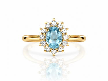 Anello in Oro Giallo 18Kt con Acquamarina Sintetica Ovale e Zirconi