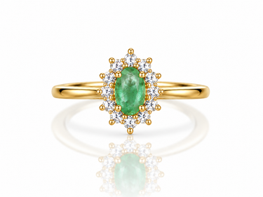 Anello in Oro Giallo 18kt con Smeraldo Sintetico Ovale e Zirconi