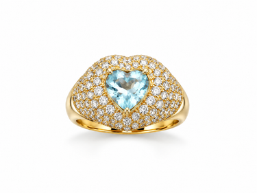 Anello in Oro Giallo 18kt con Acquamarina Sintetica a Cuore e Zirconi