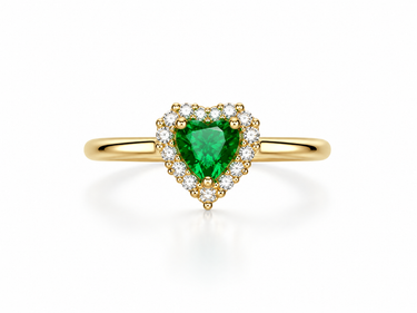 Anello Cuore in Oro Giallo 18 kt con Smeraldo Sintetico e Zirconi