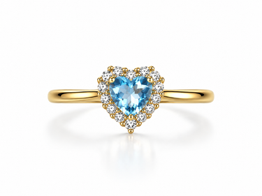 Anello Cuore in Oro Giallo 18 kt con Acquamarina Sintetica e Zirconi
