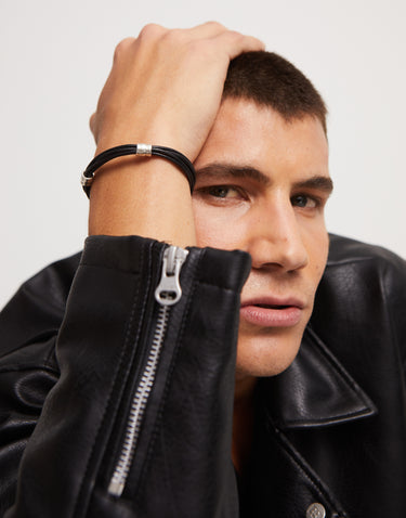Bracciale In Cuoio Placcato Argento Con 2 Circonferenze PUL2492NGRMTLXL